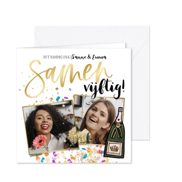 Uitnodiging samen 50 verjaardagsfeest goudlook champagnefles